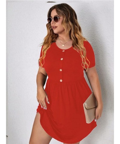 Women's Plus Size Button Front Short Sleeve Scoop Neck High Waist A Line Dress Plain Orange $19.37 Dresses