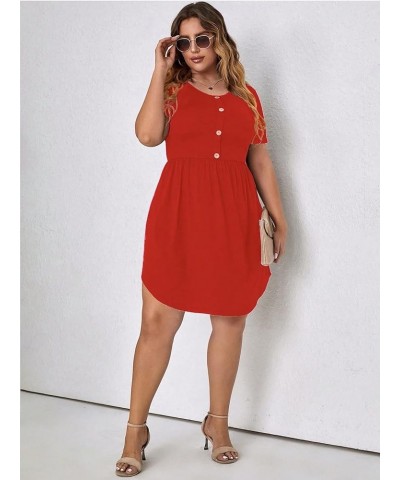 Women's Plus Size Button Front Short Sleeve Scoop Neck High Waist A Line Dress Plain Orange $19.37 Dresses