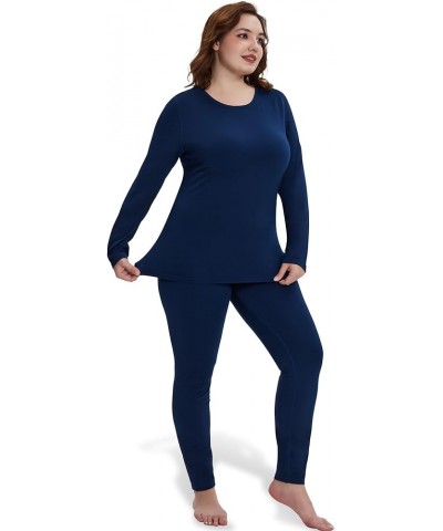 Plus Size Thermal Underwear for Women Long Johns Sets Fleece Lined Base Layer Pajama Top and Bottom 1_navy $20.24 Activewear