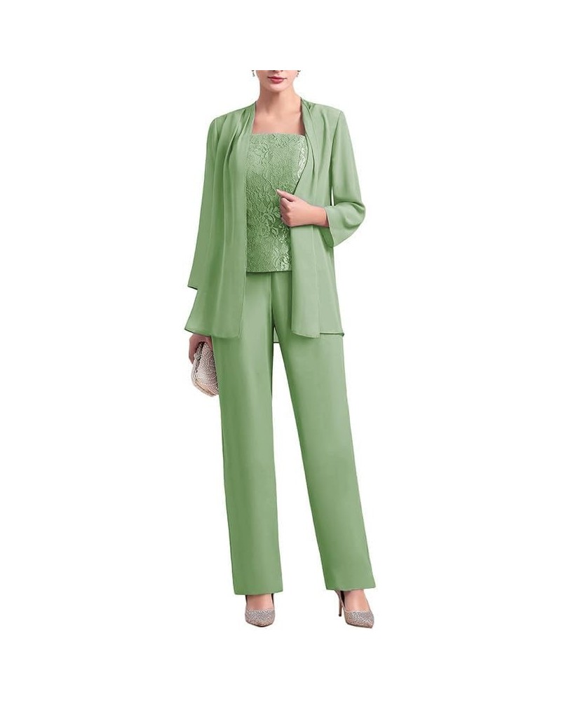 Chiffon 3 Pcs Mother of The Bride Pant Suits Lace Grandmother Formal Evening Wedding Guest Groom Dresses with Jacket Sage $26...