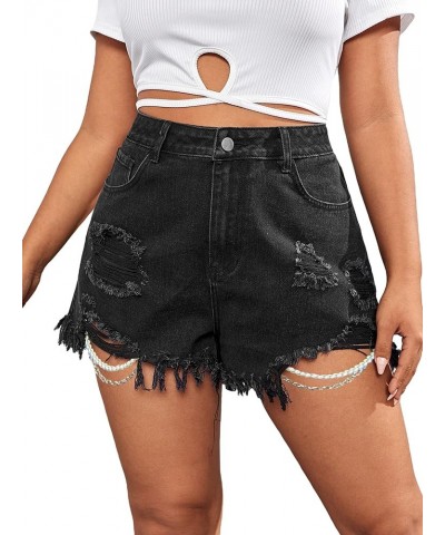 Women's Plus Size High Waisted Pearl Beaded Ripped Raw Hem Denim Shorts Black $15.60 Shorts