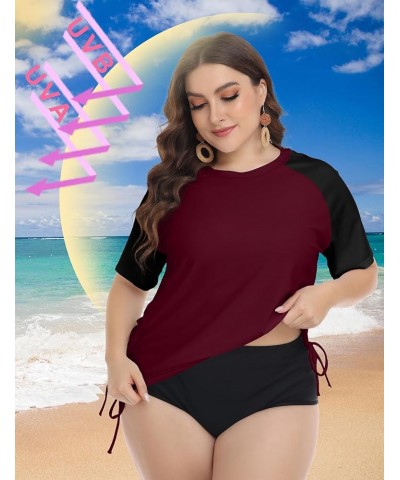 Plus Size Rash Guard Shirt for Women Short Sleeve UPF 50+ Sun Protection Swimwear Swim Top Bb_wine Red $14.70 Swimsuits