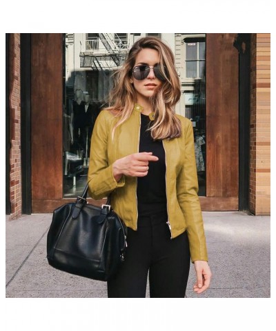 Leather Jacket for Women Lapel Motor Jacket Coat Zip Biker Short Punk Cropped Tops Yellow $22.57 Jackets