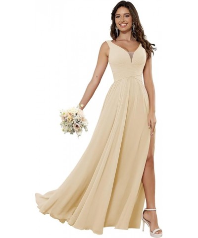 Women's Simple Chiffon Bridesmaid Dresses with Pockets Long V Neck Formal Dresses with Slit YZTS138 Champagne $35.39 Dresses