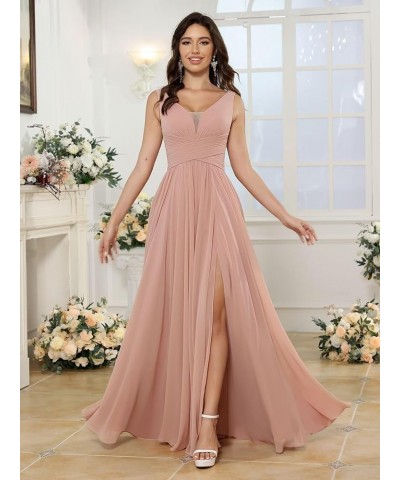 Women's Simple Chiffon Bridesmaid Dresses with Pockets Long V Neck Formal Dresses with Slit YZTS138 Champagne $35.39 Dresses