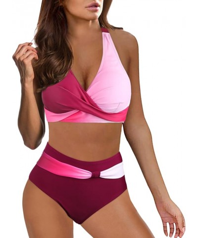 Bikini Set for Women V Neck 2 Piece Swimsuit Wrap Front High Waisted Tummy Control Bating Suit Halter Padded Swimwear A3-wine...