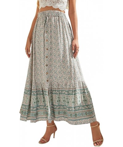 Women Floral Elastic Waist Maxi Skirt Button Front Split Hem Boho Skirt Green $16.73 Skirts