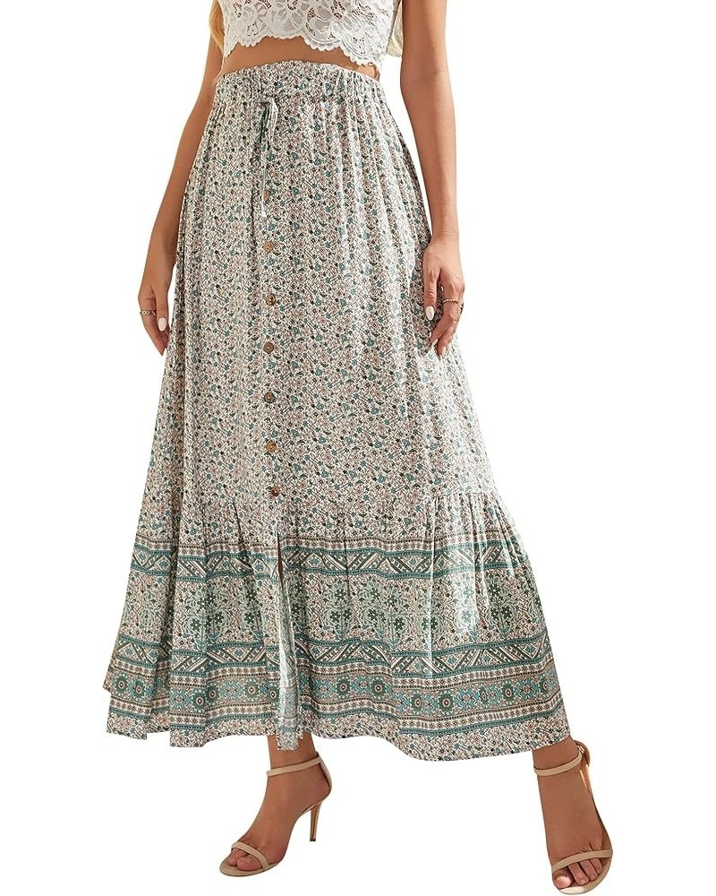 Women Floral Elastic Waist Maxi Skirt Button Front Split Hem Boho Skirt Green $16.73 Skirts