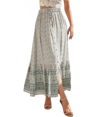 Women Floral Elastic Waist Maxi Skirt Button Front Split Hem Boho Skirt Green $16.73 Skirts