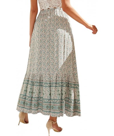 Women Floral Elastic Waist Maxi Skirt Button Front Split Hem Boho Skirt Green $16.73 Skirts