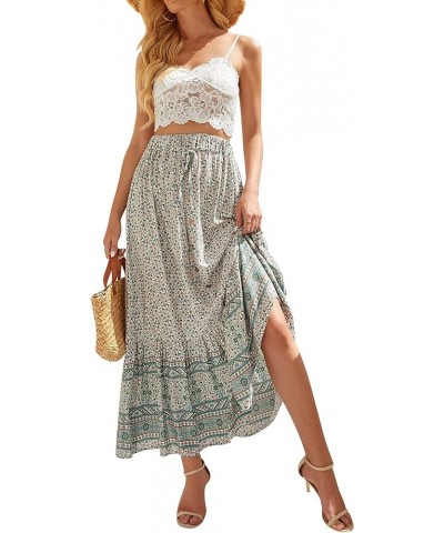 Women Floral Elastic Waist Maxi Skirt Button Front Split Hem Boho Skirt Green $16.73 Skirts