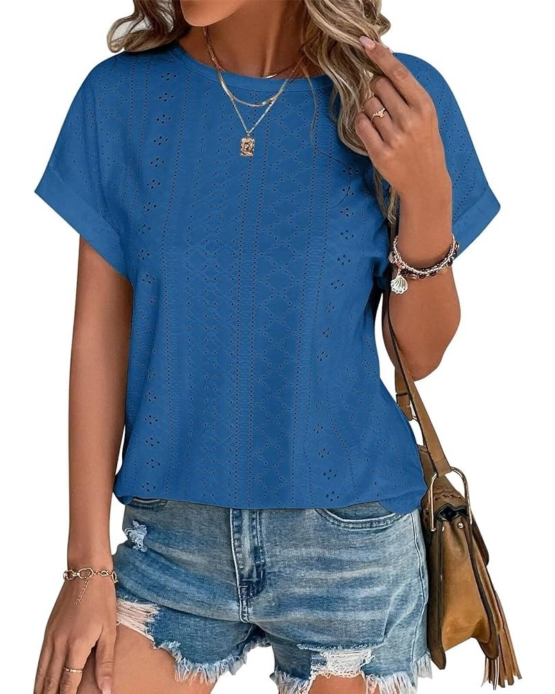 Womens Tops Eyelet Embroidery Summer Spring Fashion Clothes Y2K Going Out 2024 Casual Short Sleeve Blouse T Shirts Royal Blue...