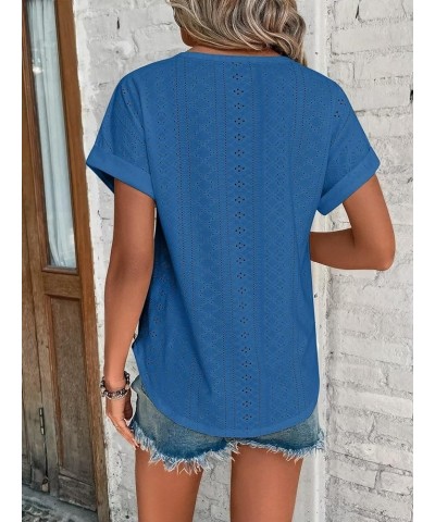 Womens Tops Eyelet Embroidery Summer Spring Fashion Clothes Y2K Going Out 2024 Casual Short Sleeve Blouse T Shirts Royal Blue...