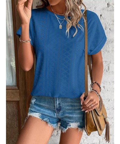 Womens Tops Eyelet Embroidery Summer Spring Fashion Clothes Y2K Going Out 2024 Casual Short Sleeve Blouse T Shirts Royal Blue...