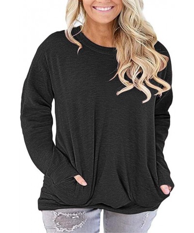 Women Plus Size Casual Round Neck Long Sleeve Fit Tunic Top Baggy Comfy Blouse with Pockets Black $13.02 Tops