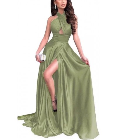 Criss Cross Neck Satin Prom Dress Long with Slit A-line Halter Sexy Evening Dress for Women Party Gowns Sage $47.24 Dresses