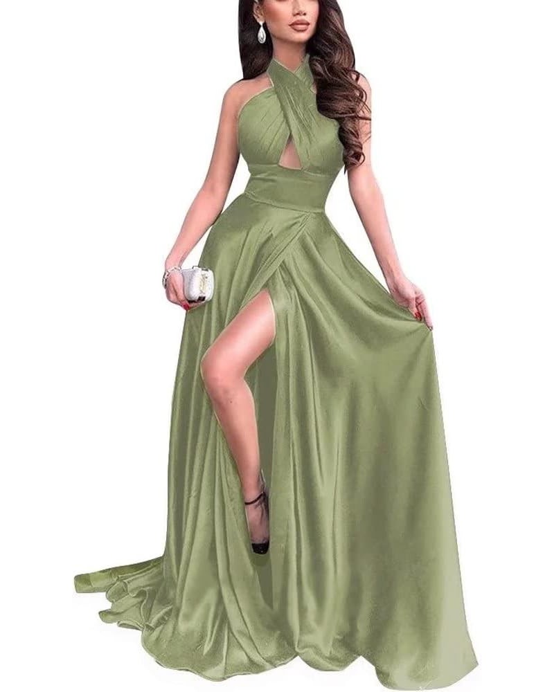 Criss Cross Neck Satin Prom Dress Long with Slit A-line Halter Sexy Evening Dress for Women Party Gowns Sage $47.24 Dresses