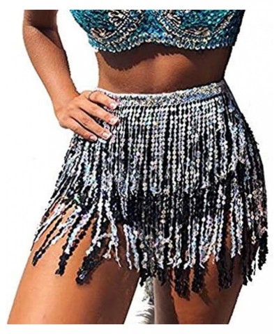 Women's Boho Sequin Tassel Fringe Belly Mini Wrap Skirt Black & Silver Multi $19.35 Skirts