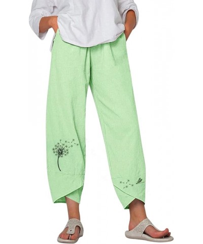 Linen Pants Women Cropped Women's Plus Size Embroidery Daisy Print High Waist Capri Pants Loose Casual Trousers Pants Z7-gree...