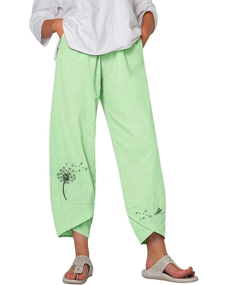 Linen Pants Women Cropped Women's Plus Size Embroidery Daisy Print High Waist Capri Pants Loose Casual Trousers Pants Z7-gree...