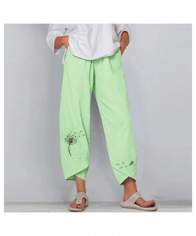 Linen Pants Women Cropped Women's Plus Size Embroidery Daisy Print High Waist Capri Pants Loose Casual Trousers Pants Z7-gree...