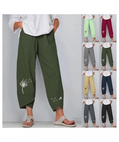 Linen Pants Women Cropped Women's Plus Size Embroidery Daisy Print High Waist Capri Pants Loose Casual Trousers Pants Z7-gree...