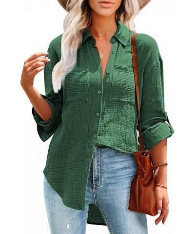 Womens Casual Button Down Shirts V Neck Long Sleeve Blouse Roll Up Sleeve Fit Plain Lightweight Tops with Pockets Darkgreen $...