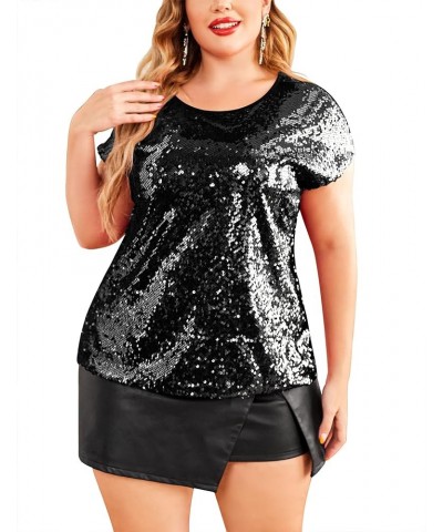 Women's Sequin Tops Plus Size Round Neck Sparkle Top Shimmer Glitter Short Sleeve T-Shirt Tunic Blouse Black $26.51 T-Shirts