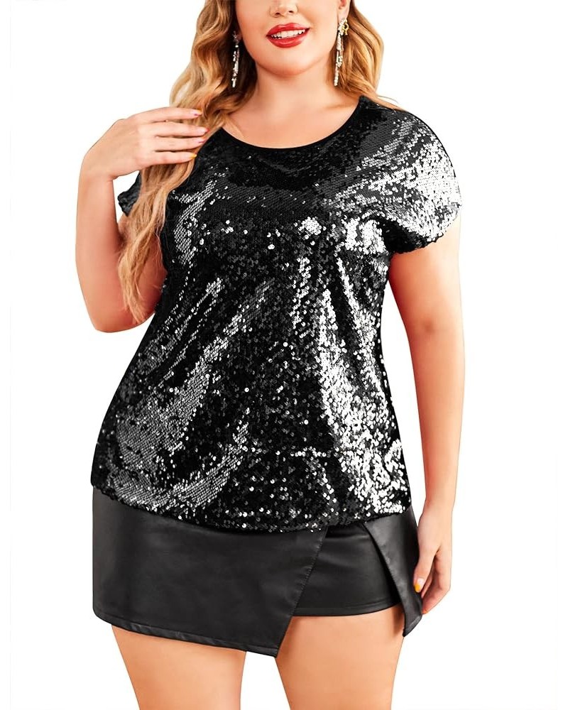 Women's Sequin Tops Plus Size Round Neck Sparkle Top Shimmer Glitter Short Sleeve T-Shirt Tunic Blouse Black $26.51 T-Shirts