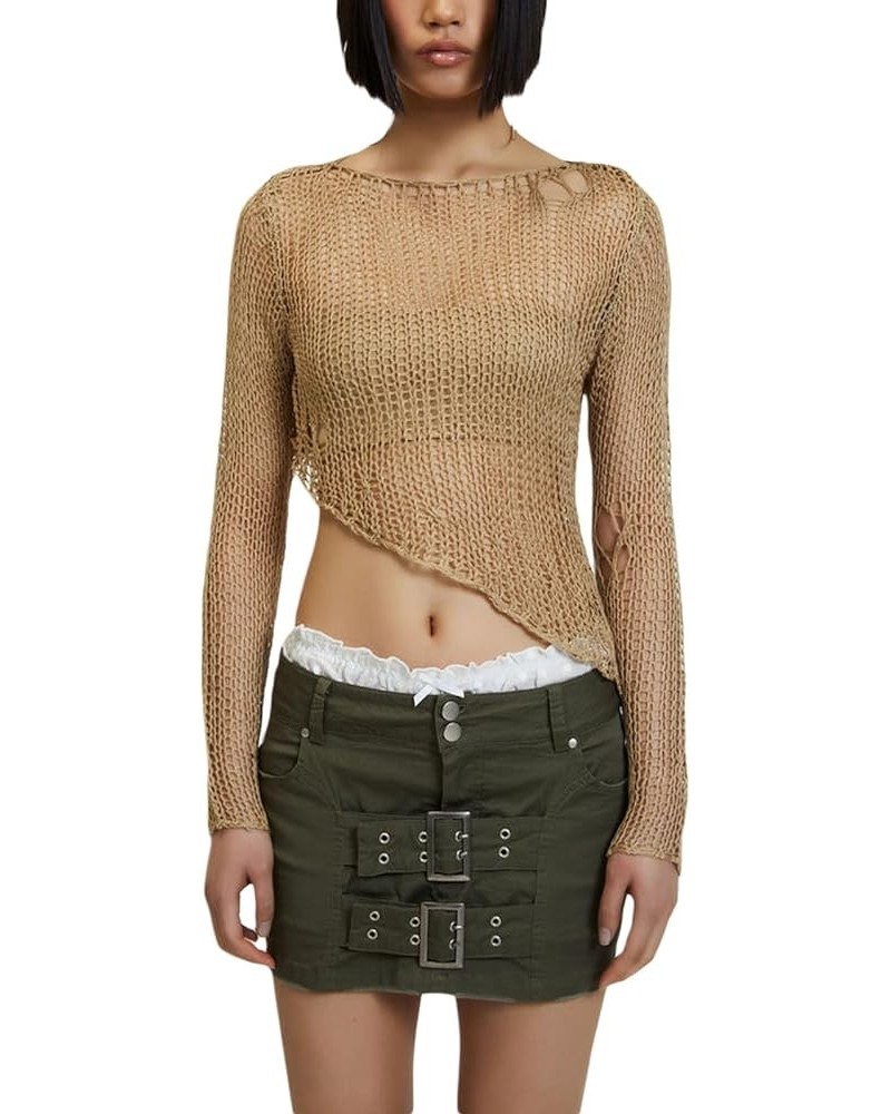 Women Long Sleeve Knit Crochet Sweater Tops Hollow Out Pullover Loose Fit Jumper Tops Beach Cover Ups Khaki $10.39 Sweaters