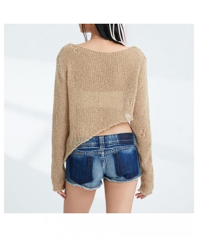 Women Long Sleeve Knit Crochet Sweater Tops Hollow Out Pullover Loose Fit Jumper Tops Beach Cover Ups Khaki $10.39 Sweaters