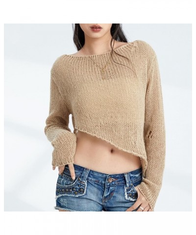 Women Long Sleeve Knit Crochet Sweater Tops Hollow Out Pullover Loose Fit Jumper Tops Beach Cover Ups Khaki $10.39 Sweaters