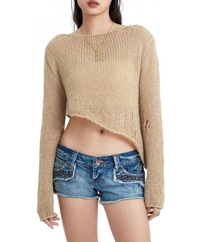 Women Long Sleeve Knit Crochet Sweater Tops Hollow Out Pullover Loose Fit Jumper Tops Beach Cover Ups Khaki $10.39 Sweaters