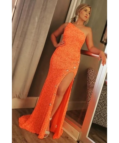 One Shoulder Sequin Prom Dresses Long Sparkly Mermaid Slit Backless Evening Party Gowns with Stars Peach $45.85 Dresses