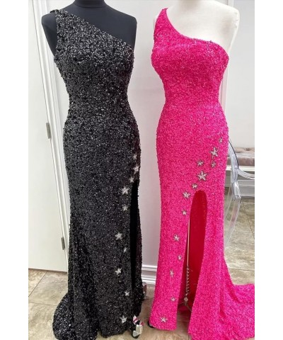 One Shoulder Sequin Prom Dresses Long Sparkly Mermaid Slit Backless Evening Party Gowns with Stars Peach $45.85 Dresses