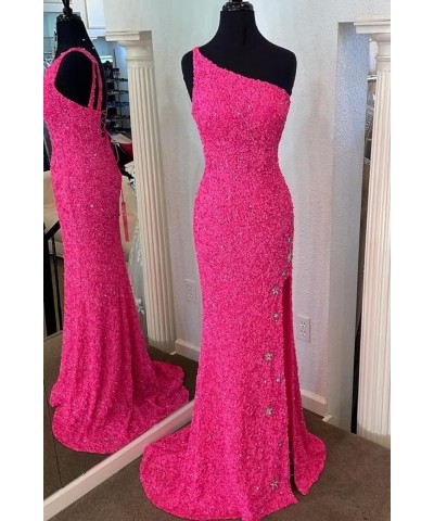 One Shoulder Sequin Prom Dresses Long Sparkly Mermaid Slit Backless Evening Party Gowns with Stars Peach $45.85 Dresses