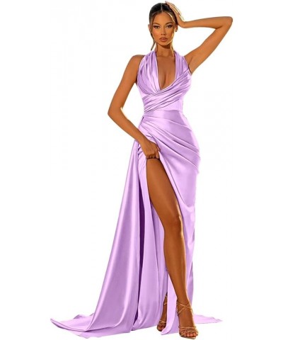 Bridesmaid Dresses Halter Pleated Satin Mermaid Prom Formal Dress with Slit Lilac $27.30 Dresses