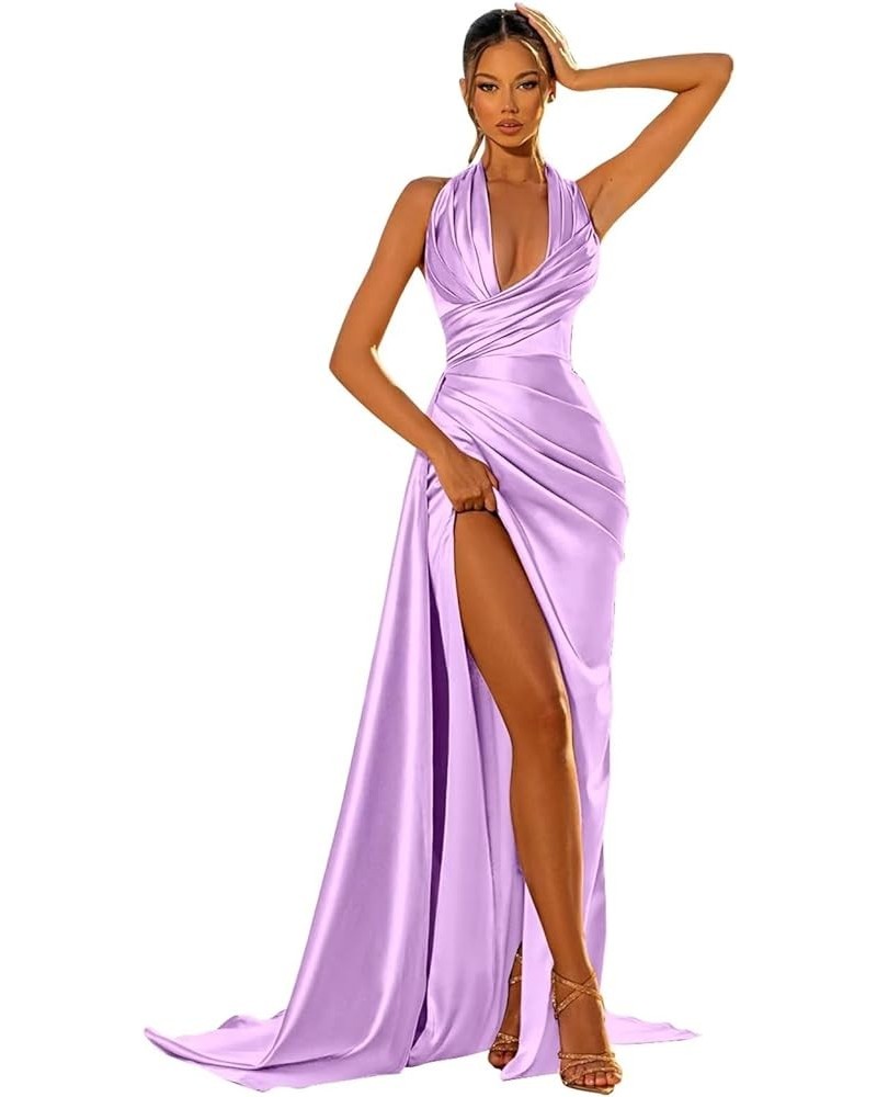 Bridesmaid Dresses Halter Pleated Satin Mermaid Prom Formal Dress with Slit Lilac $27.30 Dresses