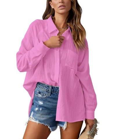 Womens Casual Button Down V Neck Shirts Raglan Long Sleeve Loose Fit Collared Work Blouses Tops with Pocket Rose Red $13.95 B...