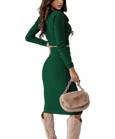 Women's 2 Piece Outfits Crewneck Long Sleeve Ribbed Crop Top and Bodycon Mini Skirt Set Dark Green $23.21 Suits