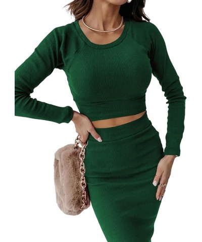 Women's 2 Piece Outfits Crewneck Long Sleeve Ribbed Crop Top and Bodycon Mini Skirt Set Dark Green $23.21 Suits