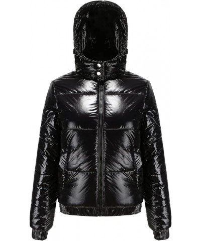 Women's Lightweight Puffer Down Jacket Shiny Hooded Zipper Padding Winter Cropped Bubble Coats Quilted Warm Outwear Black $18...