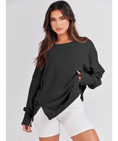 Women's Oversized Sweatshirt Crew Neck Long Sleeve Casual Slit Sloucthy Pullover Top Fall Clothes Black $17.57 Hoodies & Swea...