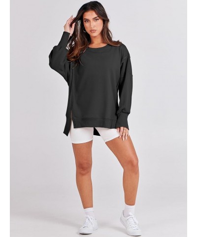 Women's Oversized Sweatshirt Crew Neck Long Sleeve Casual Slit Sloucthy Pullover Top Fall Clothes Black $17.57 Hoodies & Swea...