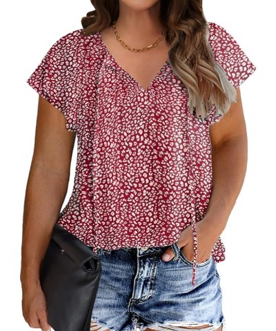 Womens Plus Size Boho Floral Print Tops Casual V Neck Short Sleeve 2023 Summer Drawstring Blouses Shirts Red $13.80 Blouses