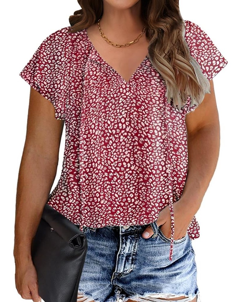 Womens Plus Size Boho Floral Print Tops Casual V Neck Short Sleeve 2023 Summer Drawstring Blouses Shirts Red $13.80 Blouses