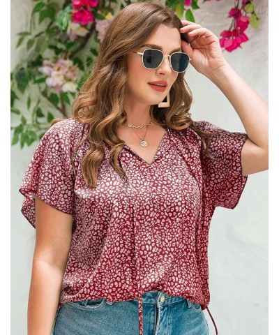 Womens Plus Size Boho Floral Print Tops Casual V Neck Short Sleeve 2023 Summer Drawstring Blouses Shirts Red $13.80 Blouses