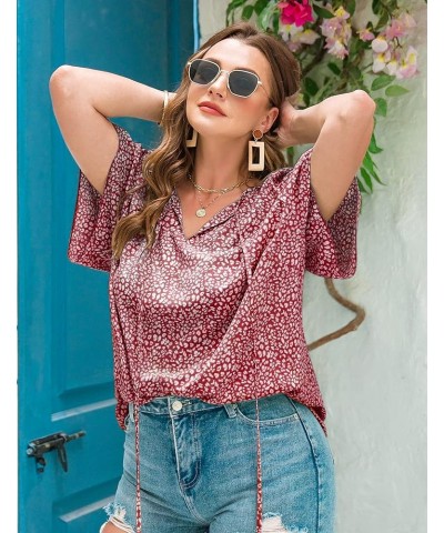 Womens Plus Size Boho Floral Print Tops Casual V Neck Short Sleeve 2023 Summer Drawstring Blouses Shirts Red $13.80 Blouses