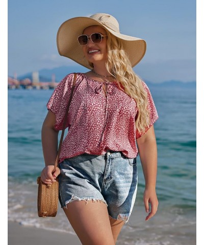 Womens Plus Size Boho Floral Print Tops Casual V Neck Short Sleeve 2023 Summer Drawstring Blouses Shirts Red $13.80 Blouses