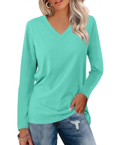 Women's V Neck Long Sleeve T Shirts Casual Color Block/Solid Tunic Tops Basic Tees B Lake Green $13.63 Tops